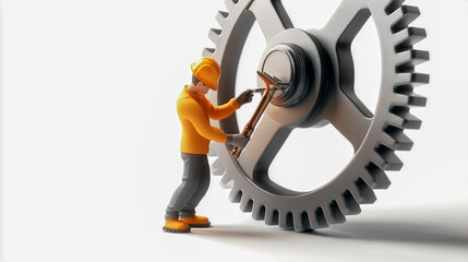 A 3D person in work attire holding a wrench, focused on repairing a large gear, isolated on a white background