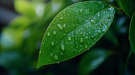 Dew-covered leaf, vibrant green, garden background, nature photography