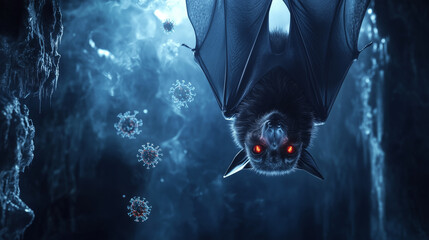 Bat hanging inside a cave, virus floating in background. Corona virus concept.