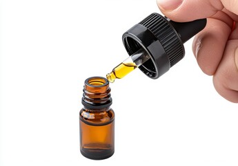 Hand Pouring Amber Essential Oil into Small Bottle
