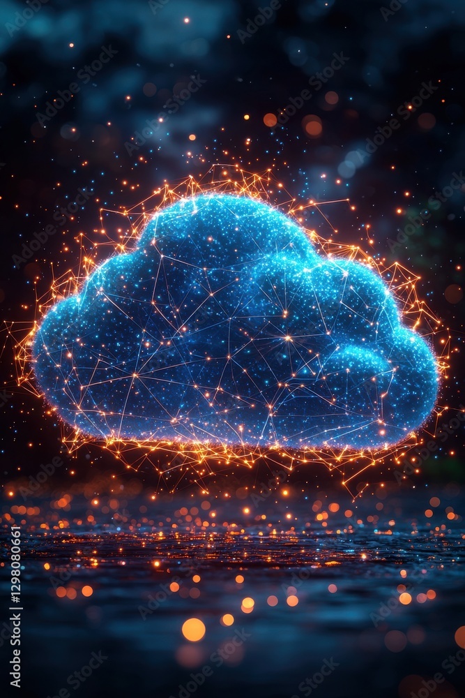 Poster glowing blue data network cloud with connections and sparkling light effects