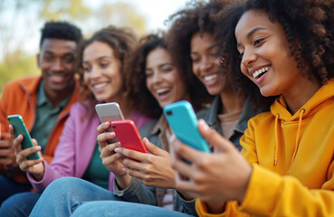 Obraz premium Multiracial young people use mobile phones outdoors, sharing media content fun. Group of diverse friends, students, teenagers connected in city, watching video together. Trendy cellular smart devices