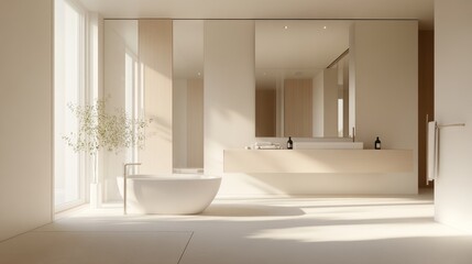 A bright and airy minimalist bathroom with a freestanding tub, large mirrors, and clean lines, creating a spa-like atmosphere filled with natural light.