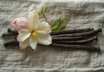 Fresh vanilla pods with delicate flowers on a textured linen background, showcasing natural culinary ingredients for gourmet cooking and baking inspiration.