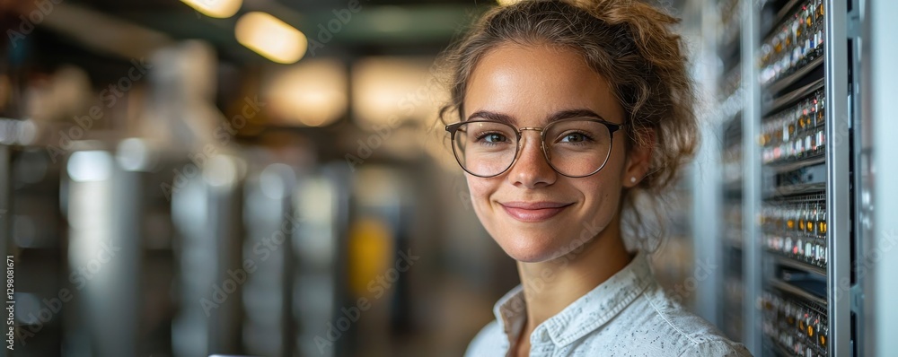 Poster smiling it professional standing confidently in a high-tech server room environment