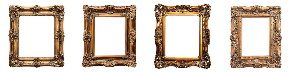 Vintage rectangular picture photo frame in gold color, ornate pattern in baroque style, PNG file on transparent background