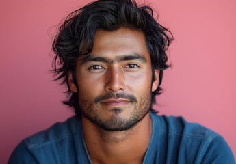 Obraz premium Ultra-Realistic Portrait of a Handsome Man in Blue Shirt – Studio Photography with Pink Background, High Detail, Professional Lighting, Perfect for Branding and Marketing Designs