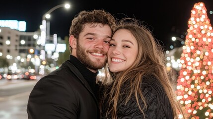 Fototapeta premium Happy young couple smiling together on a city street at night next to a glowing Christmas tree.