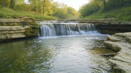 Obraz premium Tranquil hidden waterfall oasis with vibrant foliage, crystal-clear water splashing over rocks, mist rising in golden morning light.