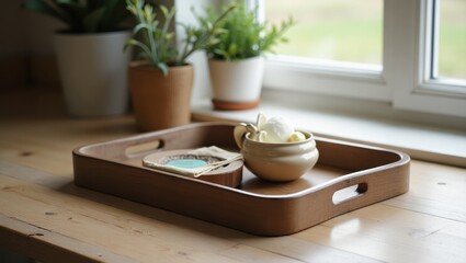 Decorative Tray. Wooden tray with bread bowl and pot on windowsill coz