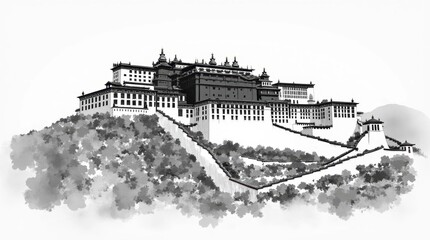 Detailed Black and White Potala Palace Illustration