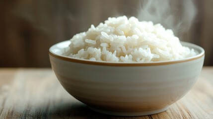 A close-up of freshly cooked jasmine rice in a white ceramic bowl, with visible steam, placed on a light wooden surface for a warm and comforting look.