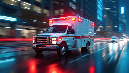 Ambulance rushes along city street at night. Emergency vehicle with flashing lights speeds to hospital. Health, safety, rescue, first aid, urgent care concept. Motion blur effect.