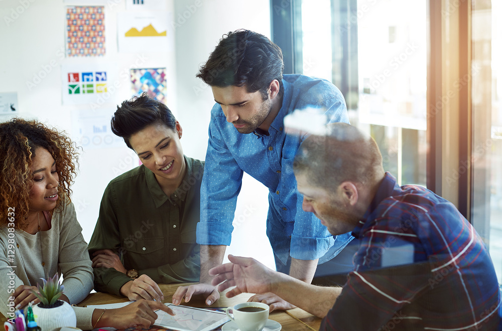Poster collaboration, design or planning and business people in office with tablet for software development