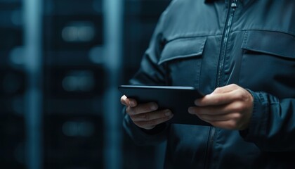 A technician in a dark server room uses a tablet, surrounded by rows of data storage equipment.