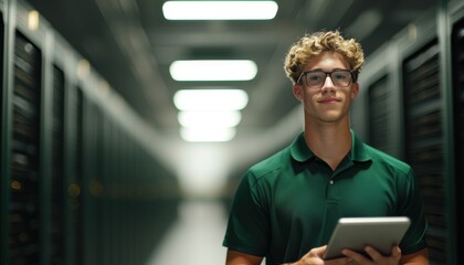 A young man in a green shirt holds a tablet, standing in a server room surrounded by rows of servers.