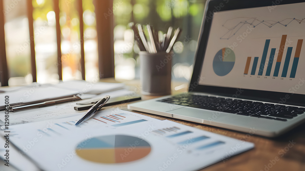 Poster business analysis meeting office workspace digital reports modern environment close-up view data ins