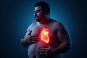 Obese man holding his chest in pain,heart disease caused by overweight and poor health,suffocation and chest pain and tightness,fat man suffering from heart attack,medical,health care, obesity concept