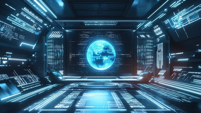 Futuristic control room with digital screens and holographic globe