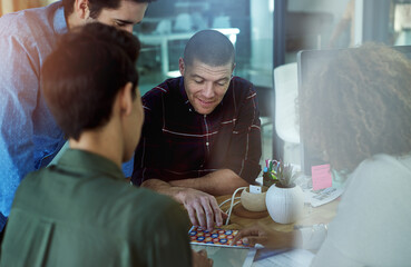 Collaboration, color design and tablet with business people in office together for software development. Creative, decision and planning with happy employee group at work for discussion or meeting