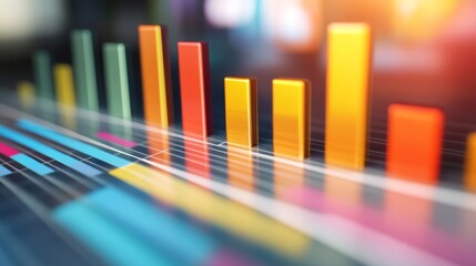 Fototapeta premium A close-up view of a D bar graph, featuring shiny metallic bars with reflections, set against a gradient background, highlighting the data points in a professional manner.