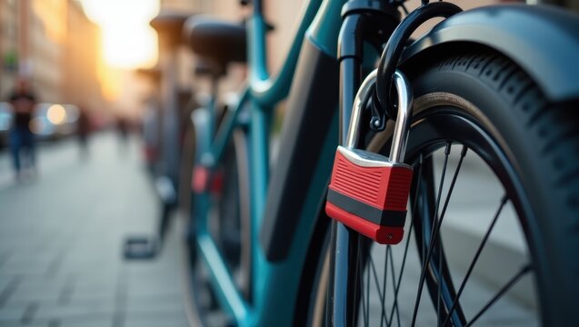Ebike Lock. Close-up of blue bicycle with red padlock securing rear wheel on city street at sunset, urban transportation safety concept, perfect for travel blogs, commuting articles, and cycling awar
