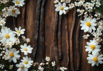 Obraz premium Fresh white flowers and vanilla pods on rustic wooden surface create a beautiful natural arrangement perfect for culinary or design themes