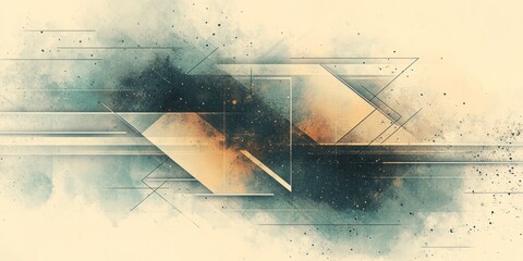 Abstract painting with geometric shapes and watercolor textures