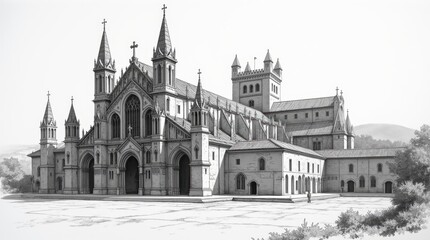 Monochrome Illustration of Batalha Monastery