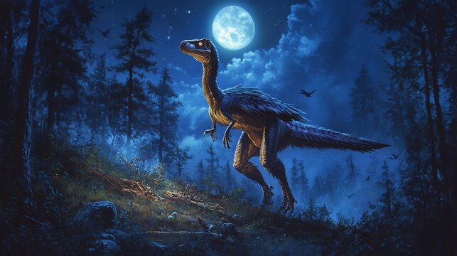 Cunning Troodon stalking in the moonlit Jurassic night its sharp eyes scanning the forest floor its feathered body blending into the shadows