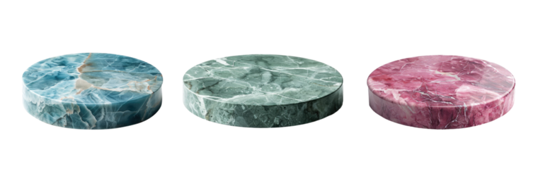 Three marble round podiums in pink, green and blue with marble veins for installation and product display cut out on a transparent background