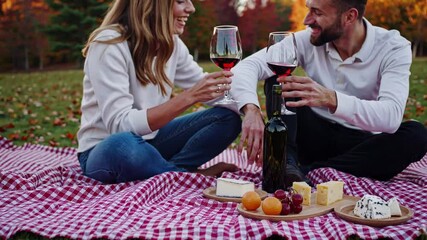 Romantic partners clinking wine glasses, celebrating togetherness amid golden autumn leaves, sharing tender moment during outdoor picnic