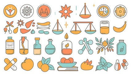 Large icon set of wellness and self-care, with themes like aromatherapy candles, balanced scales for mental stability, gym dumbbells, medical capsules, and a sunrise symbolizing hope. All elements are