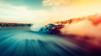 A dramatic scene of a race car drifting around a corner, with smoke billowing from the tires and spectators blurred in the background, showcasing the thrill of racing.