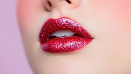 Fototapeta premium A close-up of glossy, shimmering red lips against a soft pink background, showcasing a vibrant and glamorous makeup look.