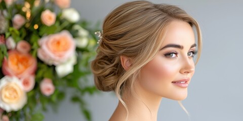 Naklejka premium A beautiful woman with elegant hair and makeup poses against a backdrop of soft, colorful flowers, exuding grace and charm.