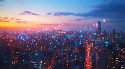 Fototapeta premium Vibrant City Lights at Sunset Aerial View