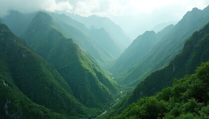 Obraz premium Rich green mountain range with dense vegetation, misty peaks. Serene landscape nature beauty. Mountains create majestic atmosphere with breathtaking view. Explore woods, valleys, fog covered hills.