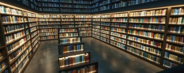 Fototapeta premium Late-night bookshops with warm glowing lights beckoning readers to uncover secrets nestled among towering shelves.