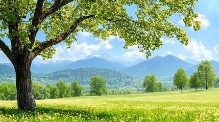 Obraz premium Vibrant Spring Landscape: Green Meadow with Majestic Mountains