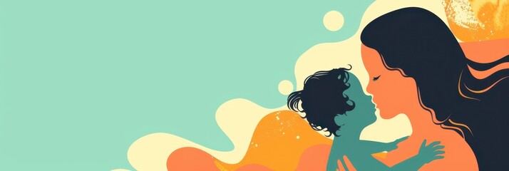 Celebrating world maternal mental health day with mother and child embrace. Horizontal banner. Copy space. Postpartum depression concept. Postnatal care services, women's wellness