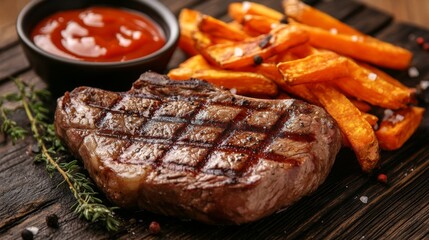 A grilled steak served with a side of sweet potato fries and a dipping sauce, presented on a rustic wooden table with contrasting textures and warm colors.
