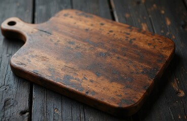 Rustic wooden cutting board with handle rests on dark weathered surface. Ideal for kitchen art design. Great chopping, slicing, serving cheese, charcuterie. Wood grain texture, vintage kitchenware,