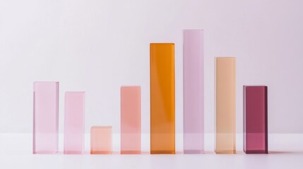 A minimalistic D bar graph composed of translucent bars in various shades, displayed on a clean white surface, emphasizing the clarity and simplicity of data representation.