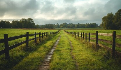 Obraz premium Dirt Path Through Lush Green Field with Wooden Fence Under an Overcast Sky