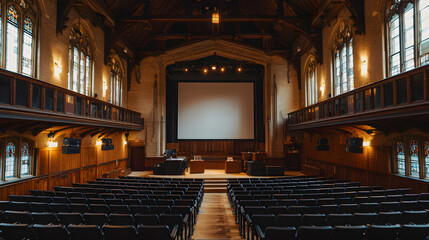 Conference presentation setup historic auditorium event space warm interior wide angle professional environment