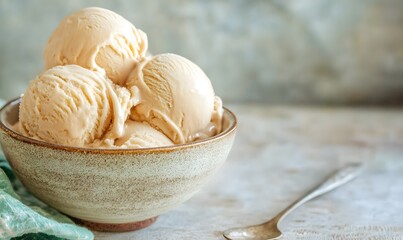 A realistic side view of a bowl filled with caramel ice cream, Generative AI