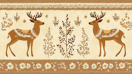 Traditional Indian Rajasthani folk art design featuring Warli-style patterns with deer motifs