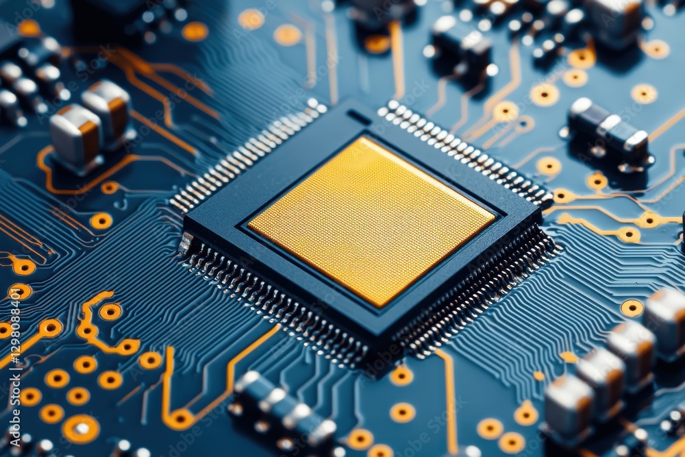 Poster analyzing circuit board design tech lab image close-up high-tech environment macro view innovation c