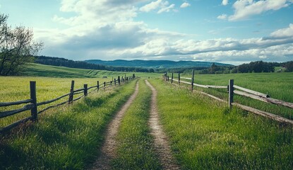 Fototapeta premium Serene Countryside Path: A Dirt Road Through a Lush Green Field with Wooden Fences Under a Sunny Sky